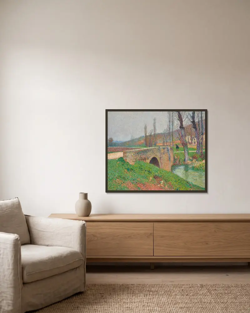 Bron, gråväder av Henri Martin inramad på en vägg