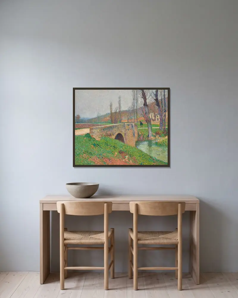 Bron, gråväder av Henri Martin inramad på en vägg