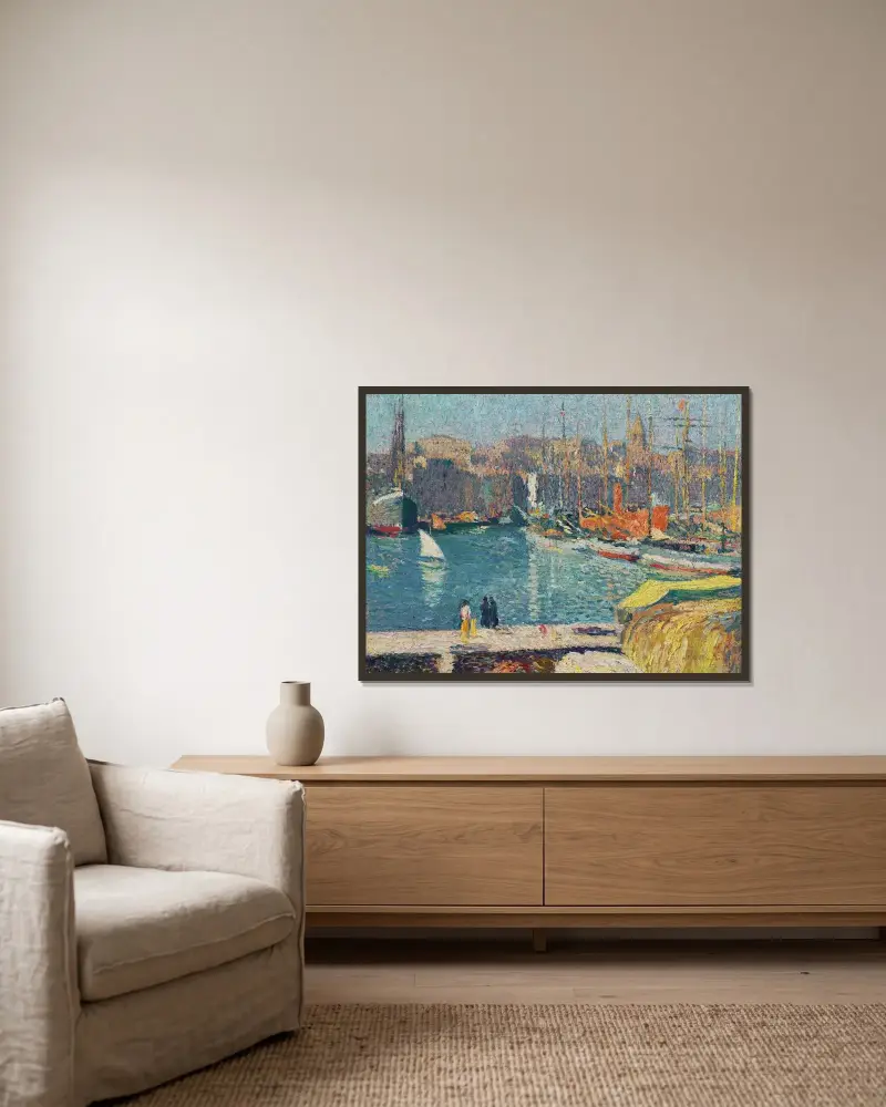Gamla hamnen i Marseille av Henri Martin inramad på en vägg
