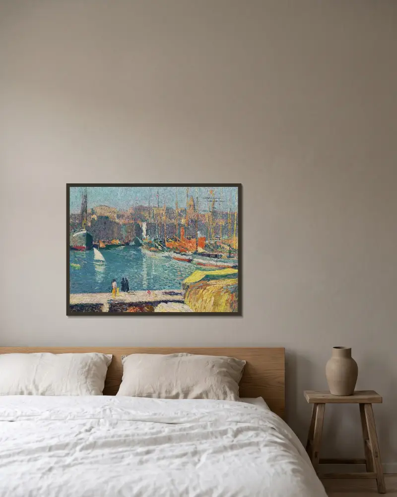 Gamla hamnen i Marseille av Henri Martin inramad på en vägg