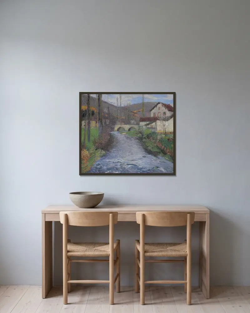 Skolan och bron över det gröna vid Labastide-du-Vert av Henri Martin inramad på en vägg