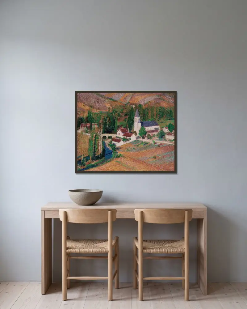 Kyrkan i Labastide-du-Vert med bron och floden, en höstkväll av Henri Martin inramad på en vägg