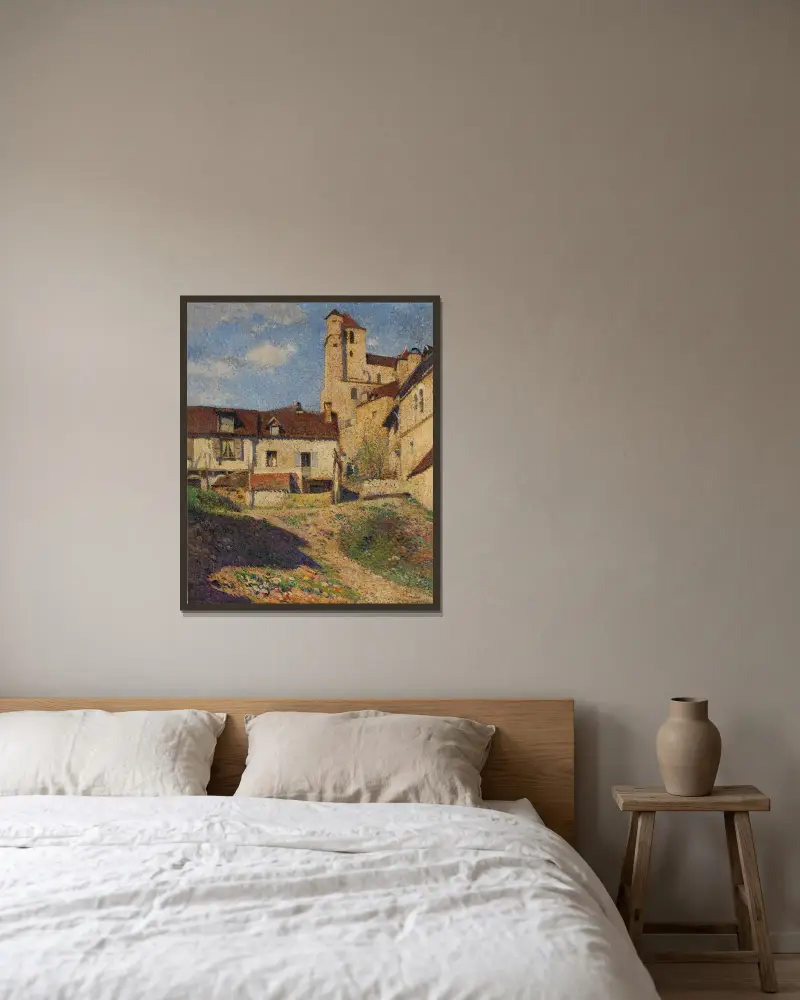 L’Église et le village de Saint-Cirq-Lapopie av Henri Martin inramad på en vägg