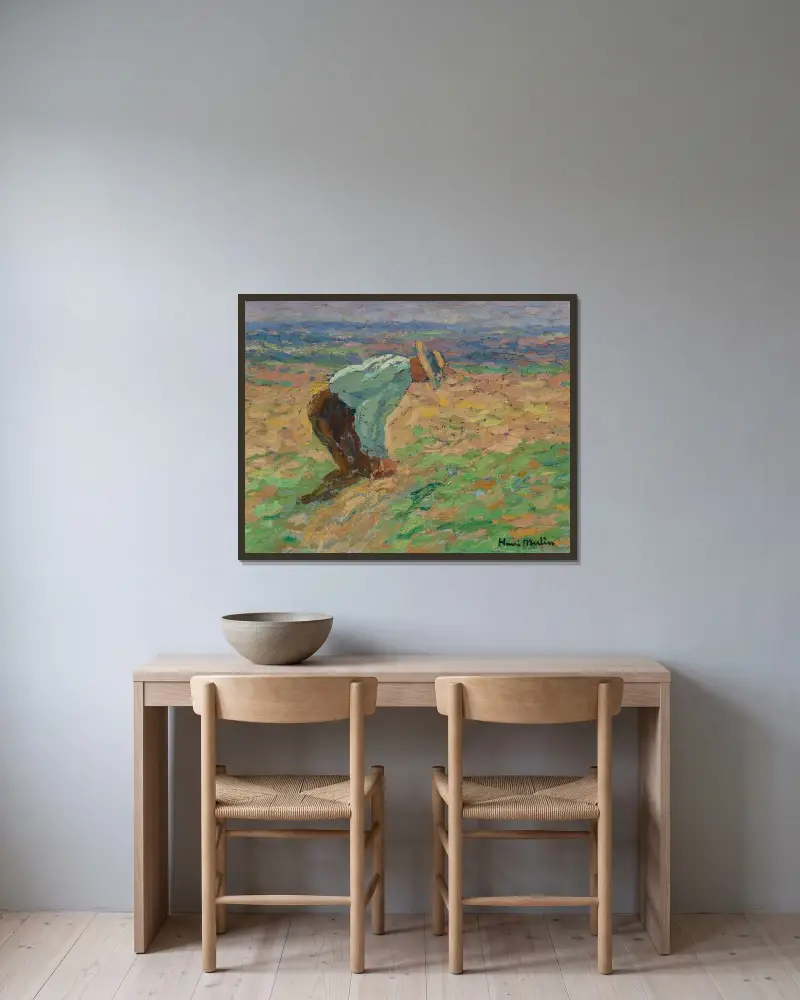 Lieur de gerbe (Étude pour ‘La Moisson,’ l’un des 4 panneaux du grand décor du Conseil d’État, Paris) av Henri Martin inramad på en vägg