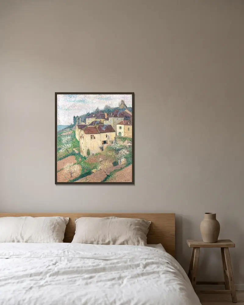 Hus i Saint-Cirq-Lapopie av Henri Martin inramad på en vägg