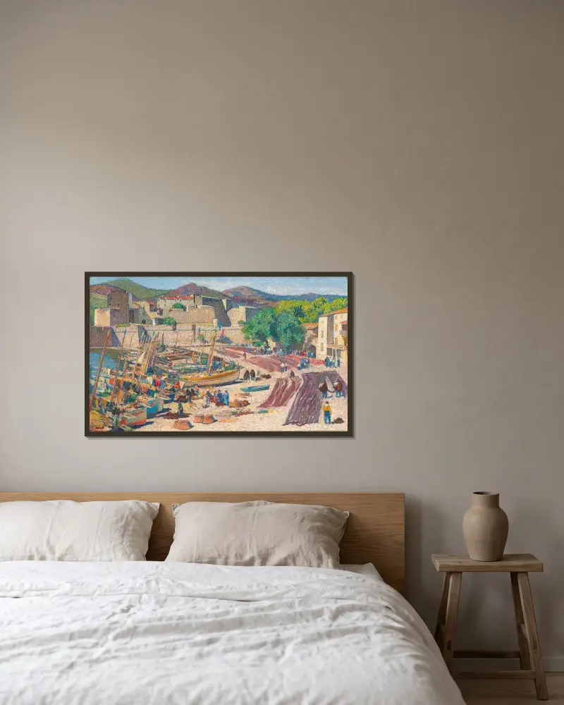 Hamnen i Collioure den 14 juli, nät som torkar på stranden av Henri Martin inramad på en vägg
