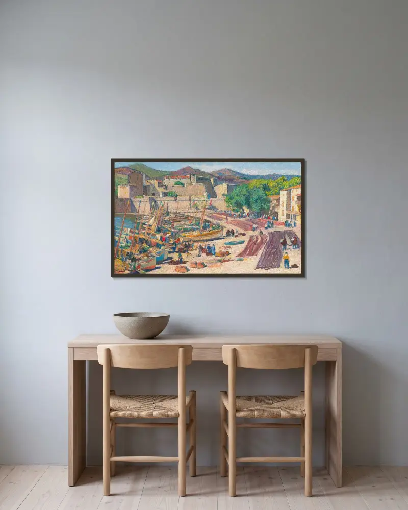 Hamnen i Collioure den 14 juli, nät som torkar på stranden av Henri Martin inramad på en vägg
