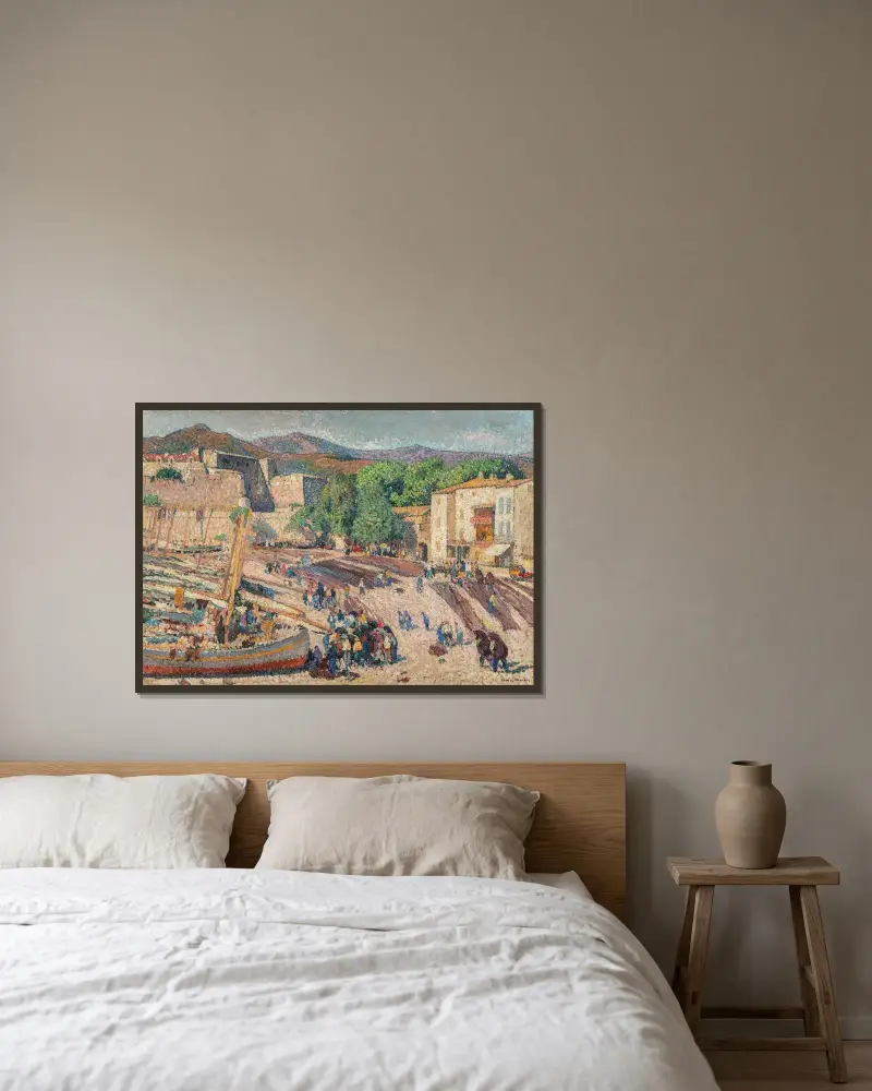 Hamnen i Collioure – torkning av nät av Henri Martin inramad på en vägg