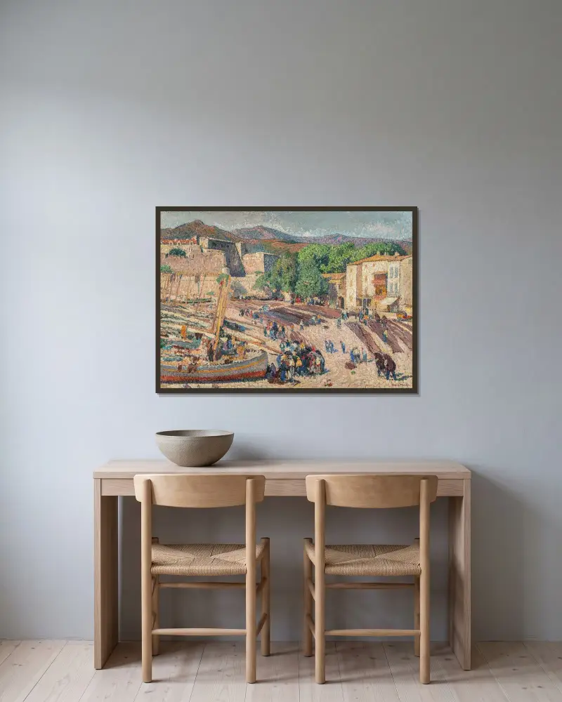 Hamnen i Collioure – torkning av nät av Henri Martin inramad på en vägg