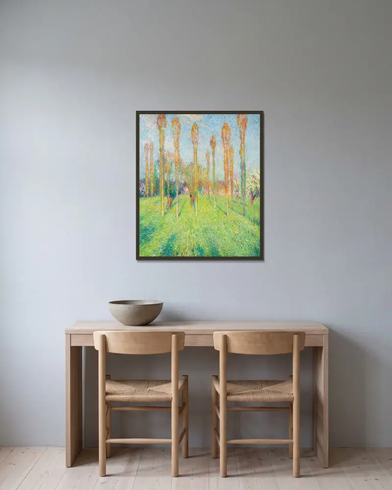 Solig prärie med popplar av Henri Martin inramad på en vägg