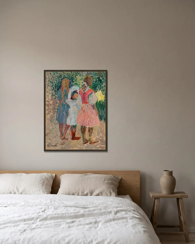 Tre små flickor i trädgården, en sommarmorgon av Henri Martin inramad på en vägg