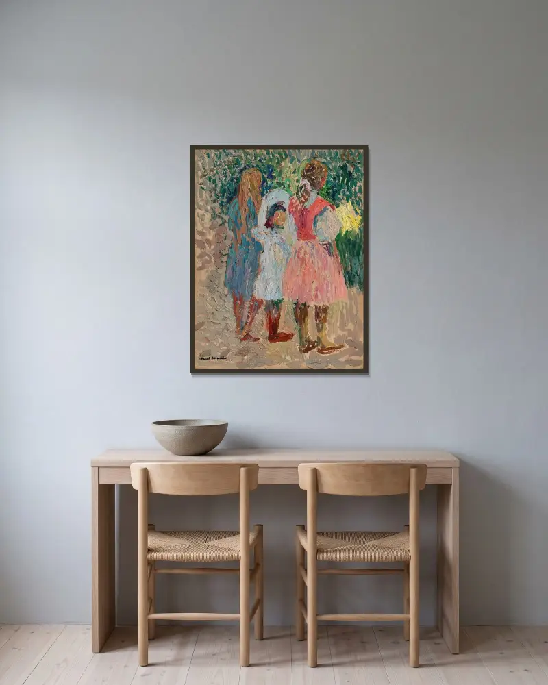 Tre små flickor i trädgården, en sommarmorgon av Henri Martin inramad på en vägg
