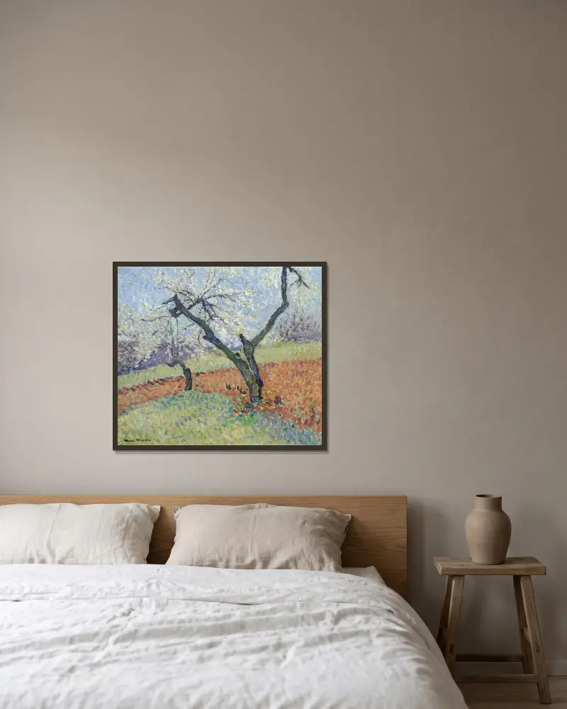 Gamla plommonträd av Henri Martin inramad på en vägg