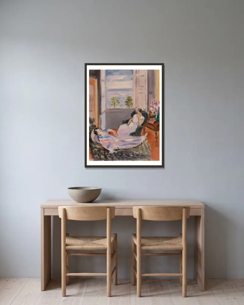 Interiér se dvěma postavami, otevřené okno, Henri Matisse v rámu na stěně