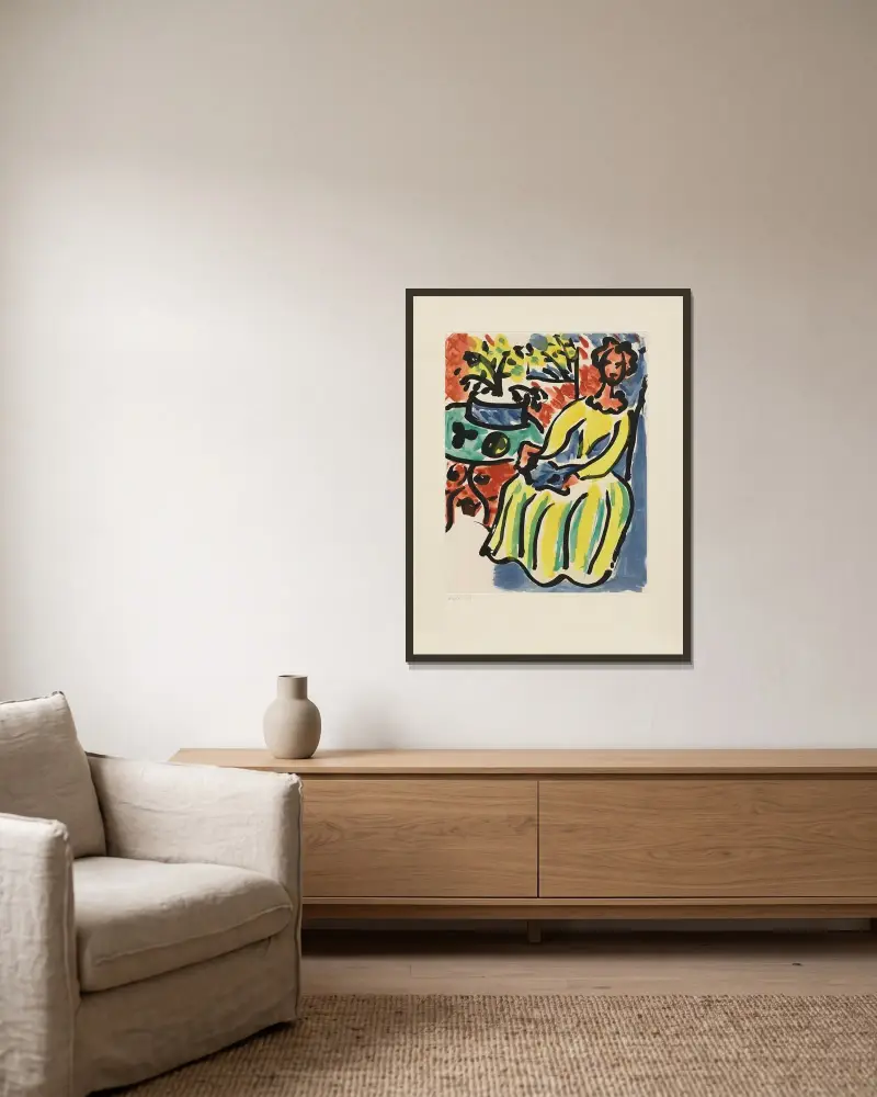 Marie-José en robe jaune, 1950 – nr 1 av Henri Matisse inramad på en vägg
