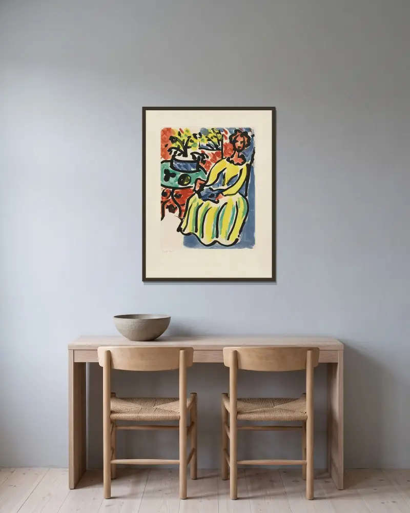Marie-José en robe jaune, 1950 – nr 1 av Henri Matisse inramad på en vägg