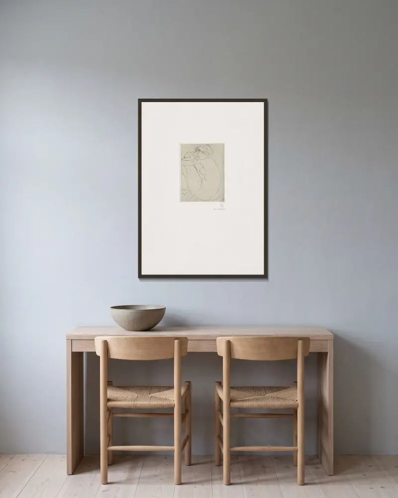 Nu accroupi sur banquette rayée av Henri Matisse inramad på en vägg