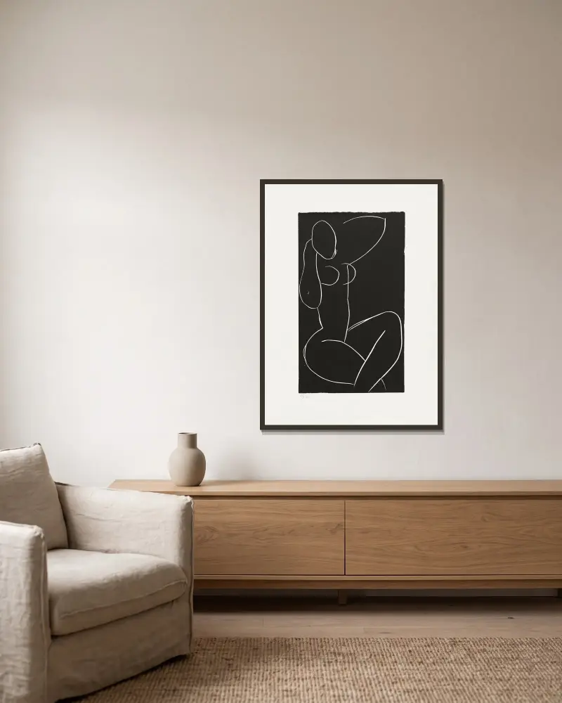 Nu assis, jambes croisées I av Henri Matisse inramad på en vägg