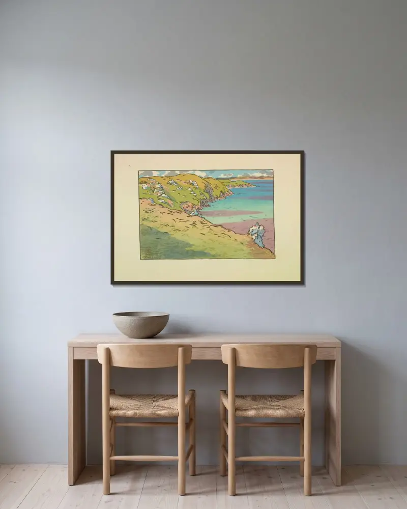 Viken vid La Fresnaye (Saint-Cast) av Henri Rivière inramad på en vägg