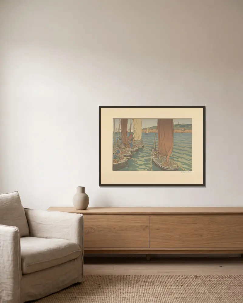 Fischerboote von Henri Rivière gerahmt an einer Wand