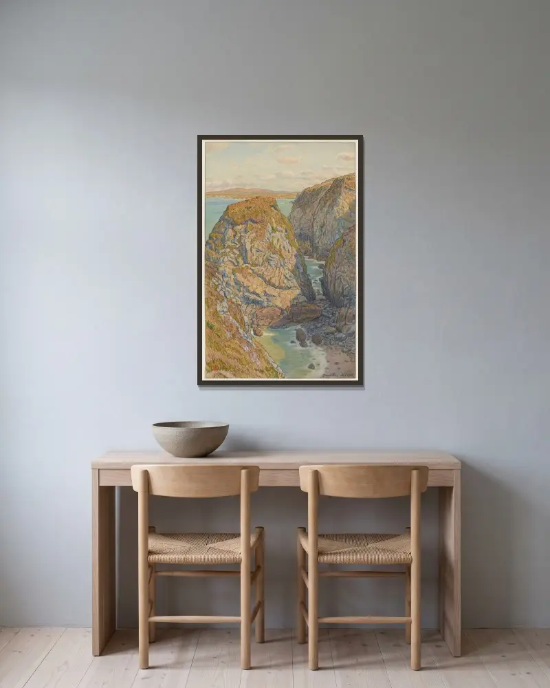 Klipporna vid Grand Ris (Douarnenezviken) av Henri Rivière inramad på en vägg