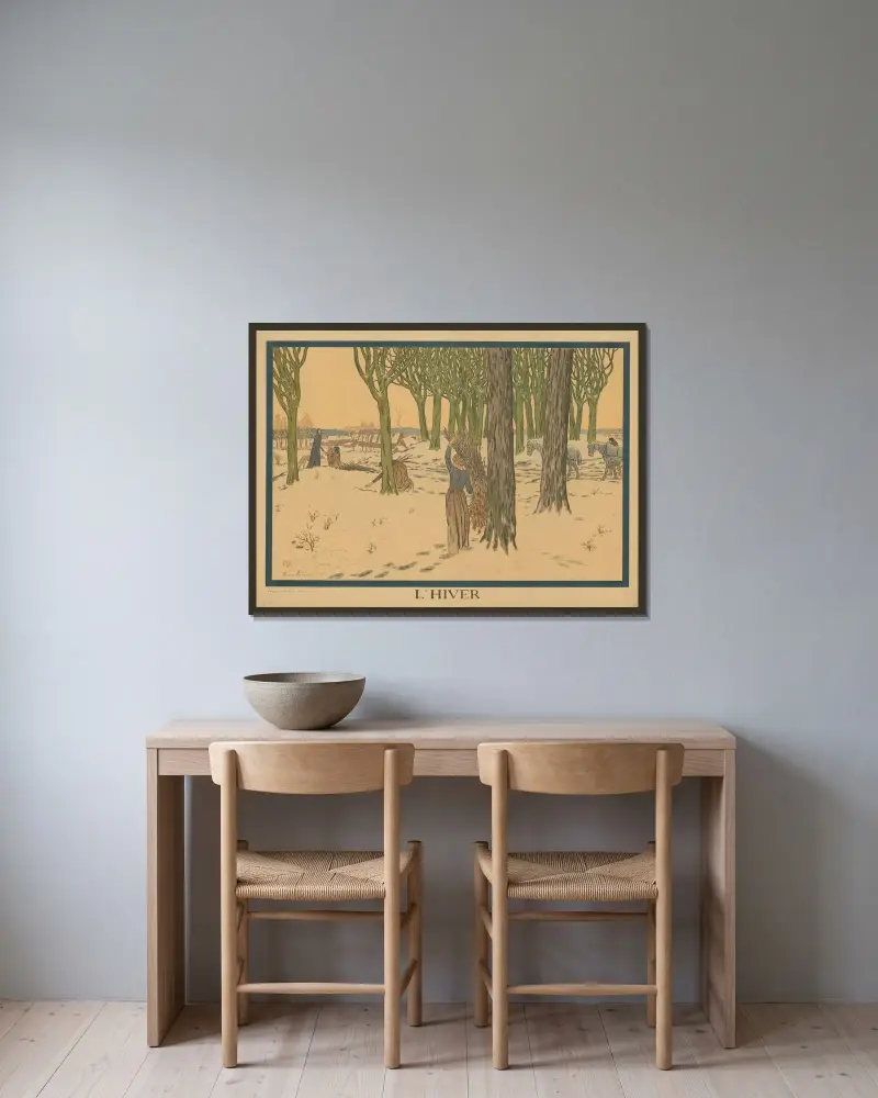Vintern. Der Winter. Bilder för skolan av Henri Rivière inramad på en vägg