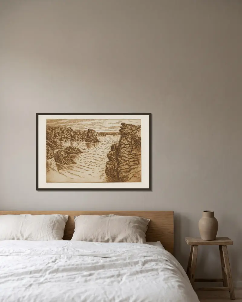 Pointe des Poulains på Belle-Île av Henri Rivière inramad på en vägg