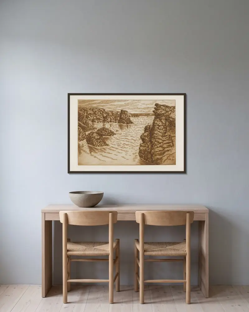 Pointe des Poulains på Belle-Île av Henri Rivière inramad på en vägg
