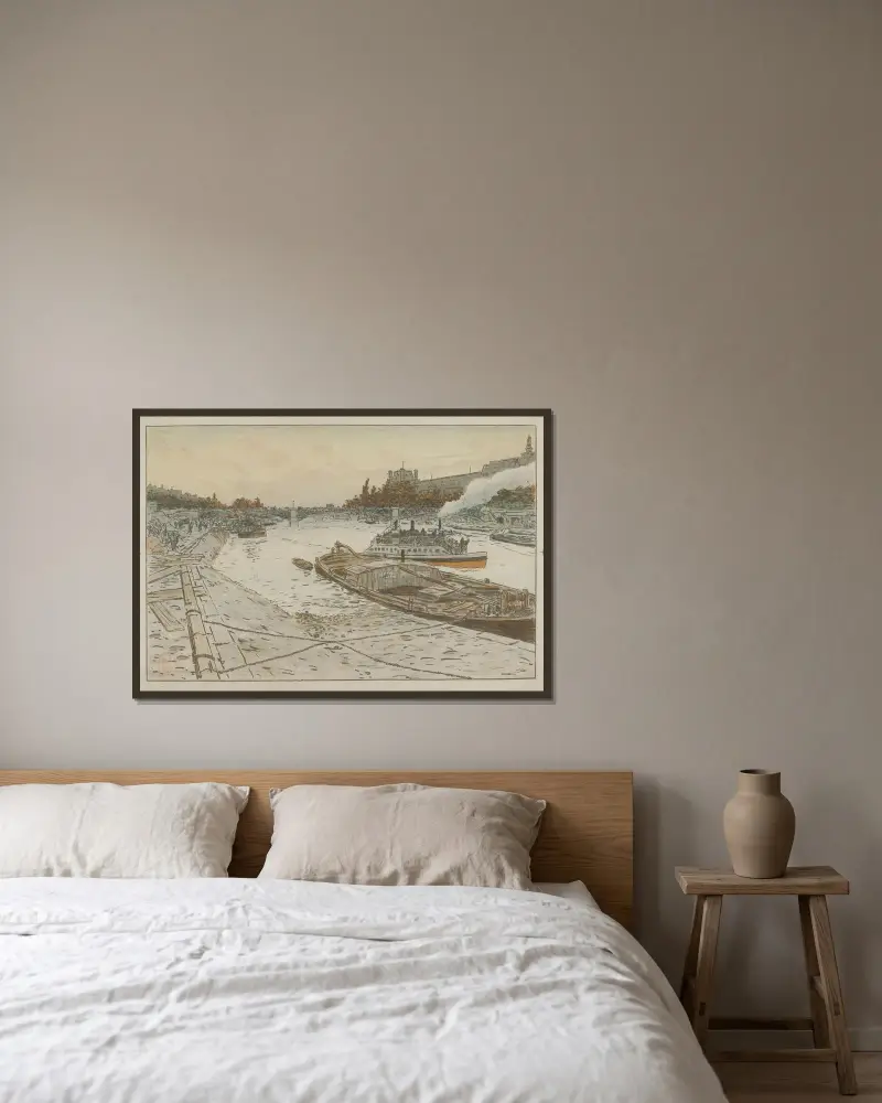 Le Pont des Saints-Pères (pont du Carrousel) och Louvren av Henri Rivière inramad på en vägg