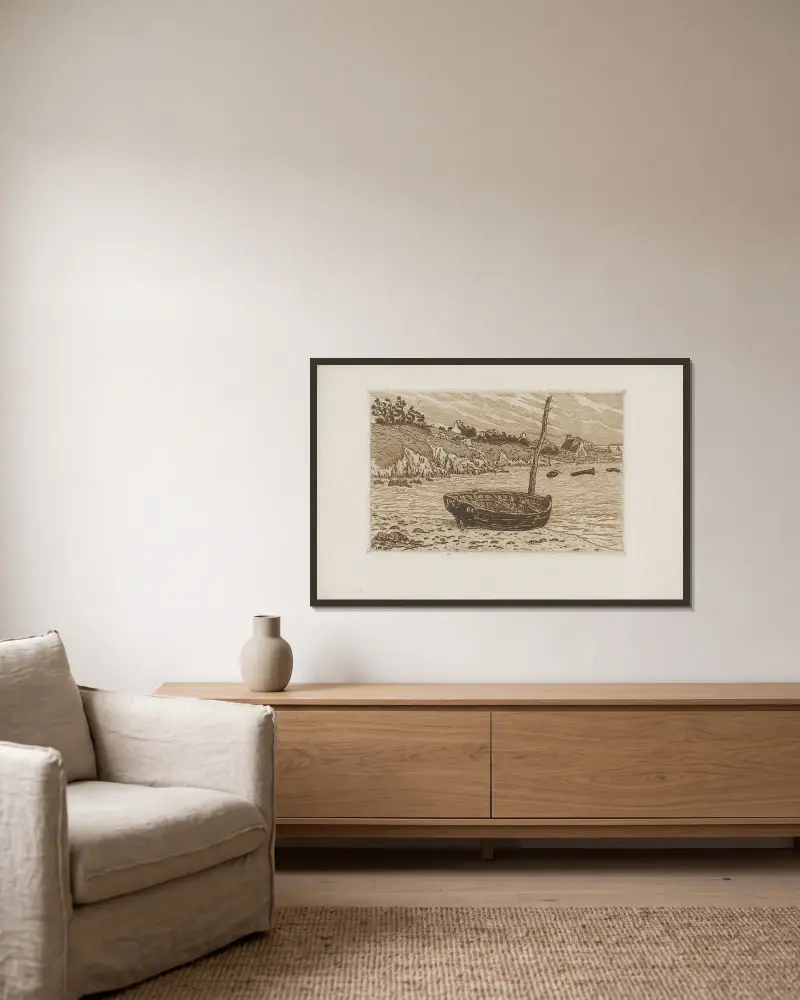 Le Vieux bateau av Henri Rivière inramad på en vägg