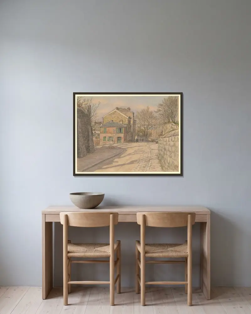 Montmartre (hörnet av rue des Saules och rue de l’Abreuvoir) av Henri Rivière inramad på en vägg
