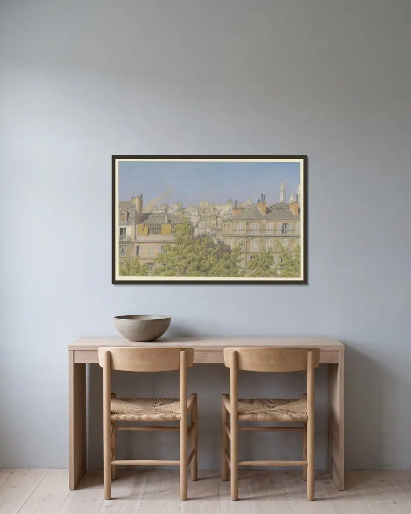 Paris (utsikt från balkongen på 29 boulevard de Clichy) av Henri Rivière inramad på en vägg