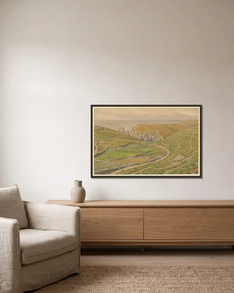 Pointe du Raz, dal nära Pointe du Raz av Henri Rivière inramad på en vägg