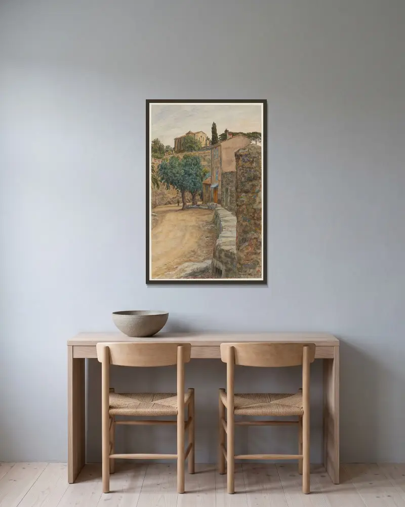 Rue à Bormes av Henri Rivière inramad på en vägg