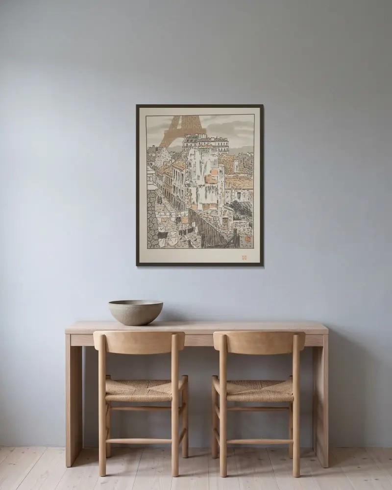 Rue Bethoven av Henri Rivière inramad på en vägg