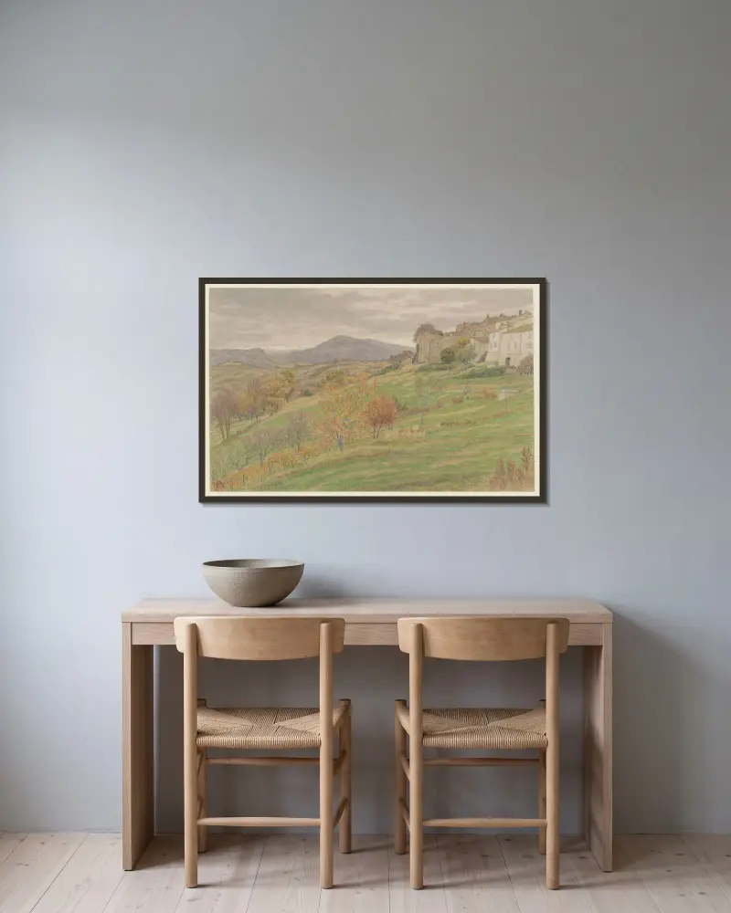 Gråväder i Mougins av Henri Rivière inramad på en vägg