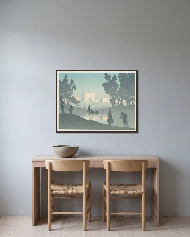 Den vandrande juden; Den gamla staden av Henri Rivière inramad på en vägg