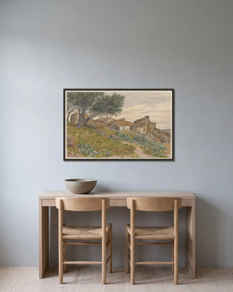 Gamla hus i Bormes av Henri Rivière inramad på en vägg
