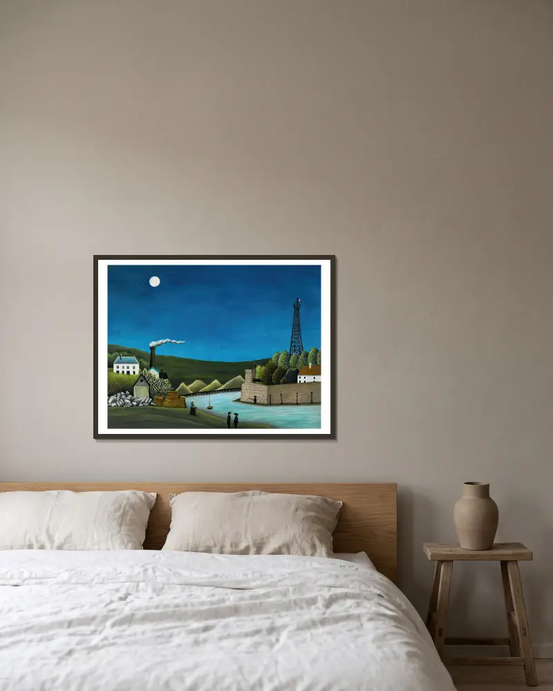 La Seine À Suresnes av Henri Rousseau inramad på en vägg