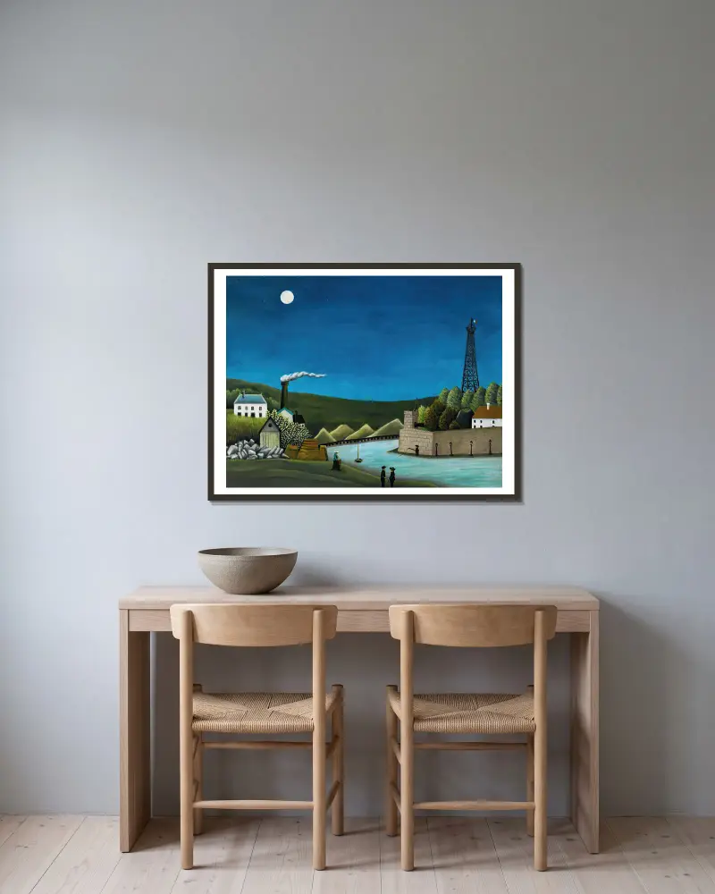 La Seine À Suresnes av Henri Rousseau inramad på en vägg