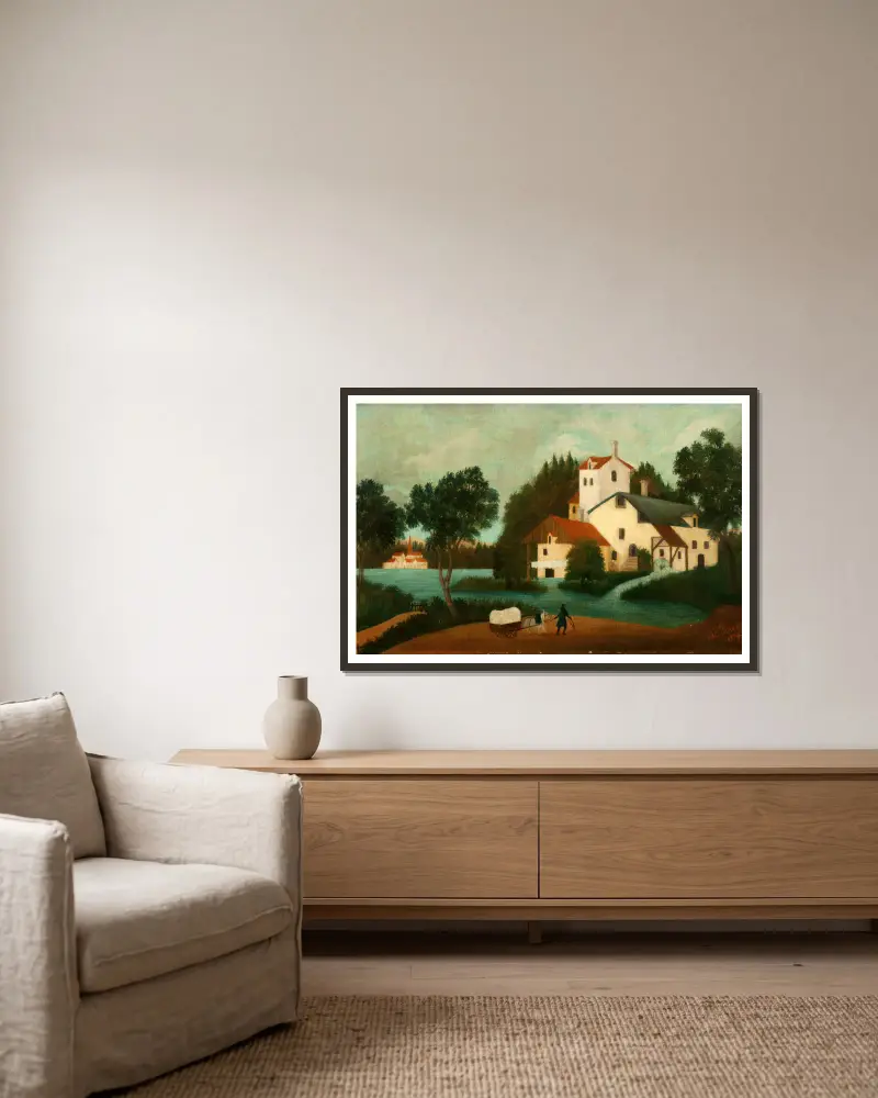 Landschaft mit Wassermühle von Henri Rousseau gerahmt an einer Wand