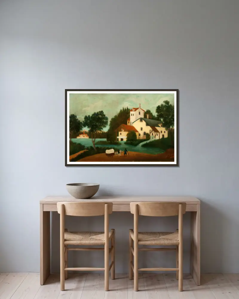 Landschaft mit Wassermühle von Henri Rousseau gerahmt an einer Wand