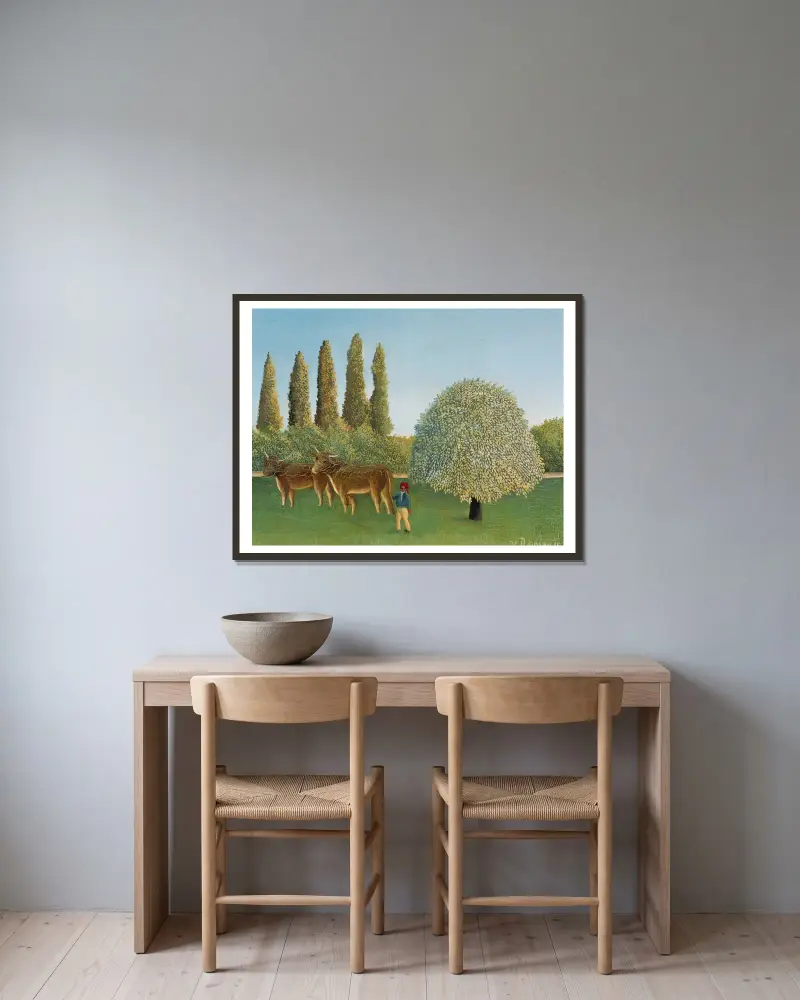 Wiesenlandschaft (Die Weide) von Henri Rousseau gerahmt an einer Wand