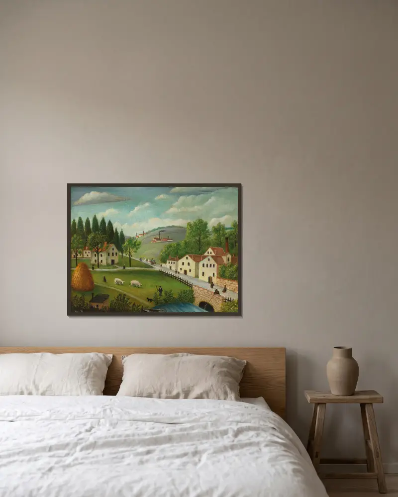 Pastoral landscape with stream, fisherman and strollers av Henri Rousseau inramad på en vägg