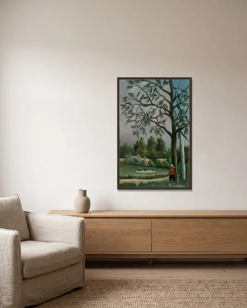 Paysage avec des pêcheurs av Henri Rousseau inramad på en vägg