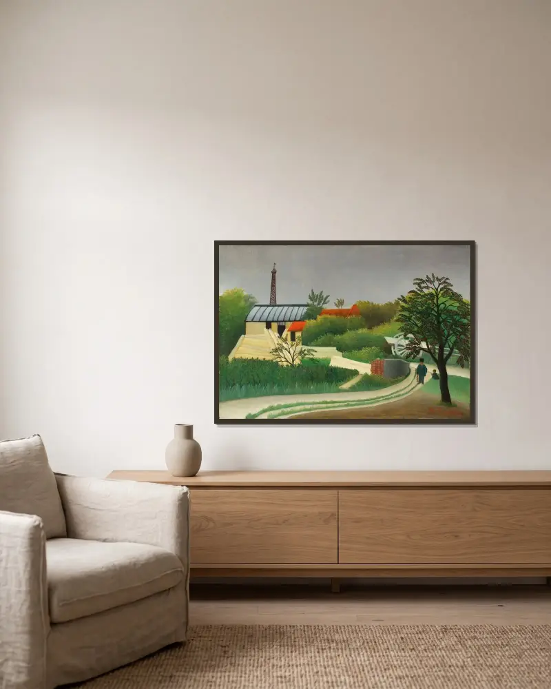 Scierie aux environs de Pari av Henri Rousseau inramad på en vägg