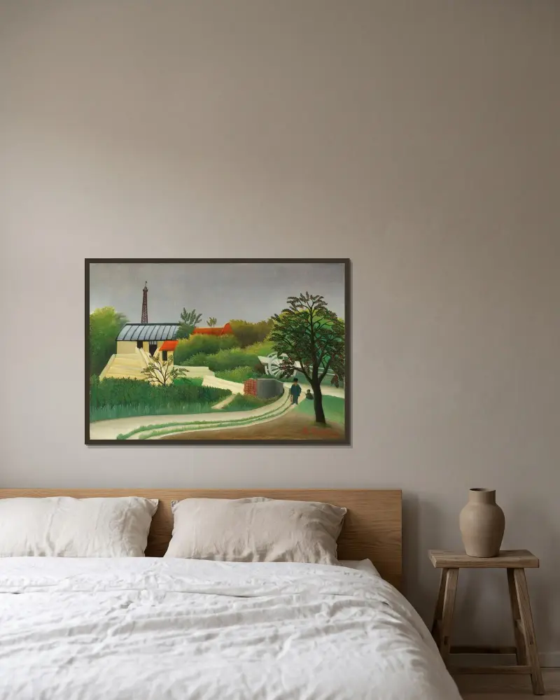 Scierie aux environs de Pari av Henri Rousseau inramad på en vägg