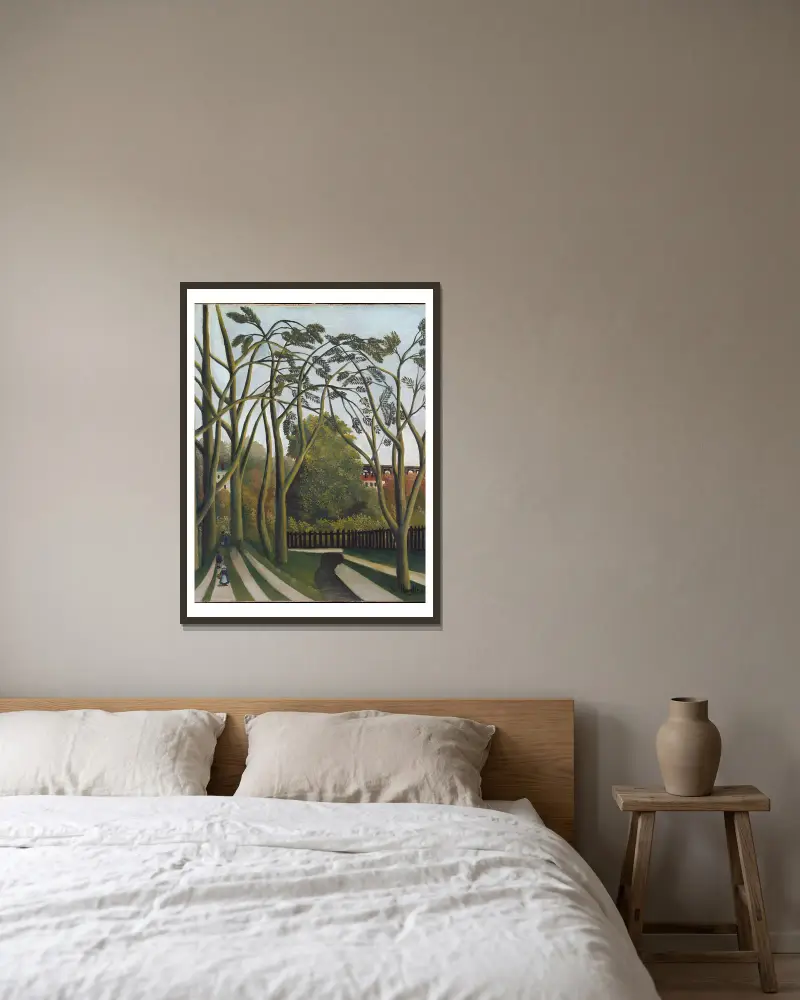 The Banks of the Bièvre near Bicêtre av Henri Rousseau inramad på en vägg