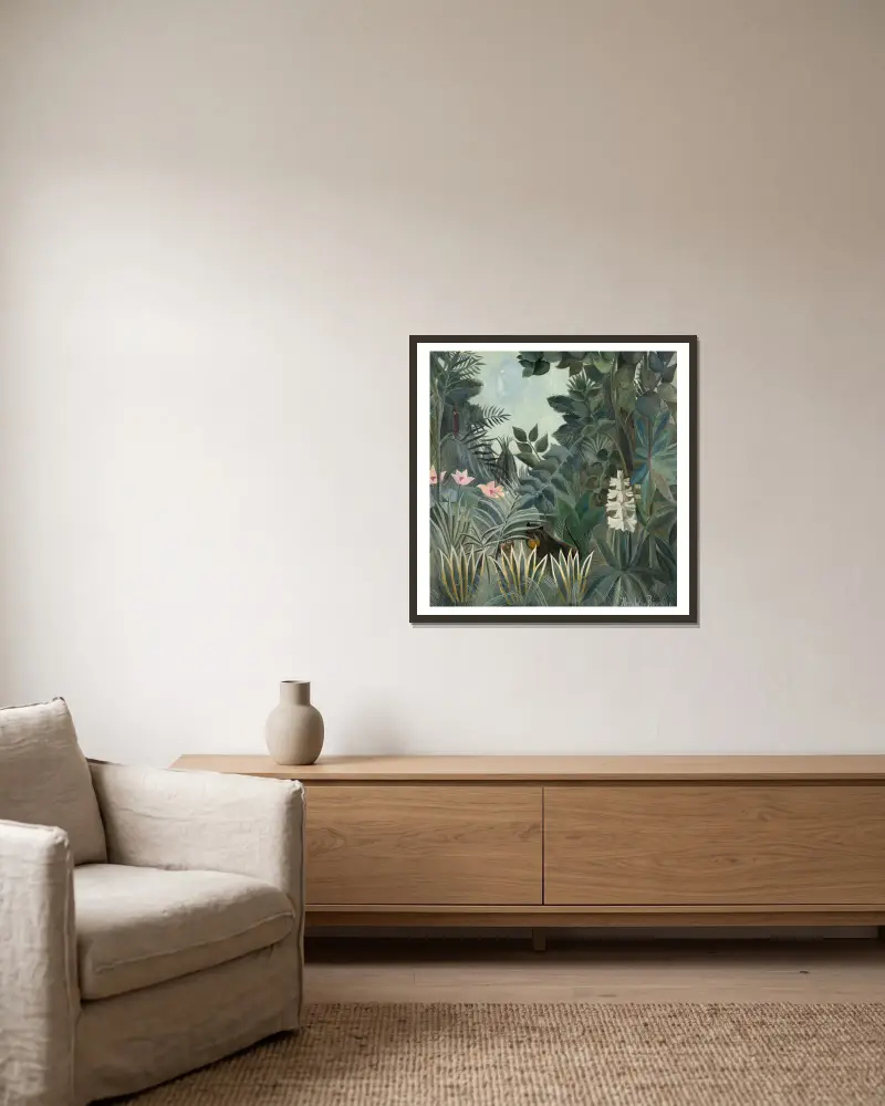 Der äquatoriale Urwald von Henri Rousseau gerahmt an einer Wand
