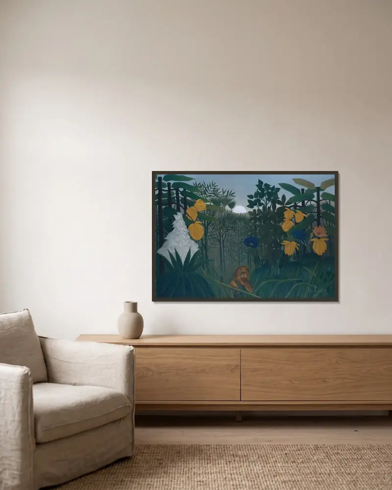 The Repast of the Lion av Henri Rousseau inramad på en vägg